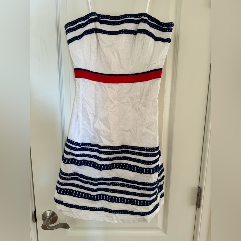 Vineyard Vines White Strapless Dress with Navy Stripes and Red Waist Band